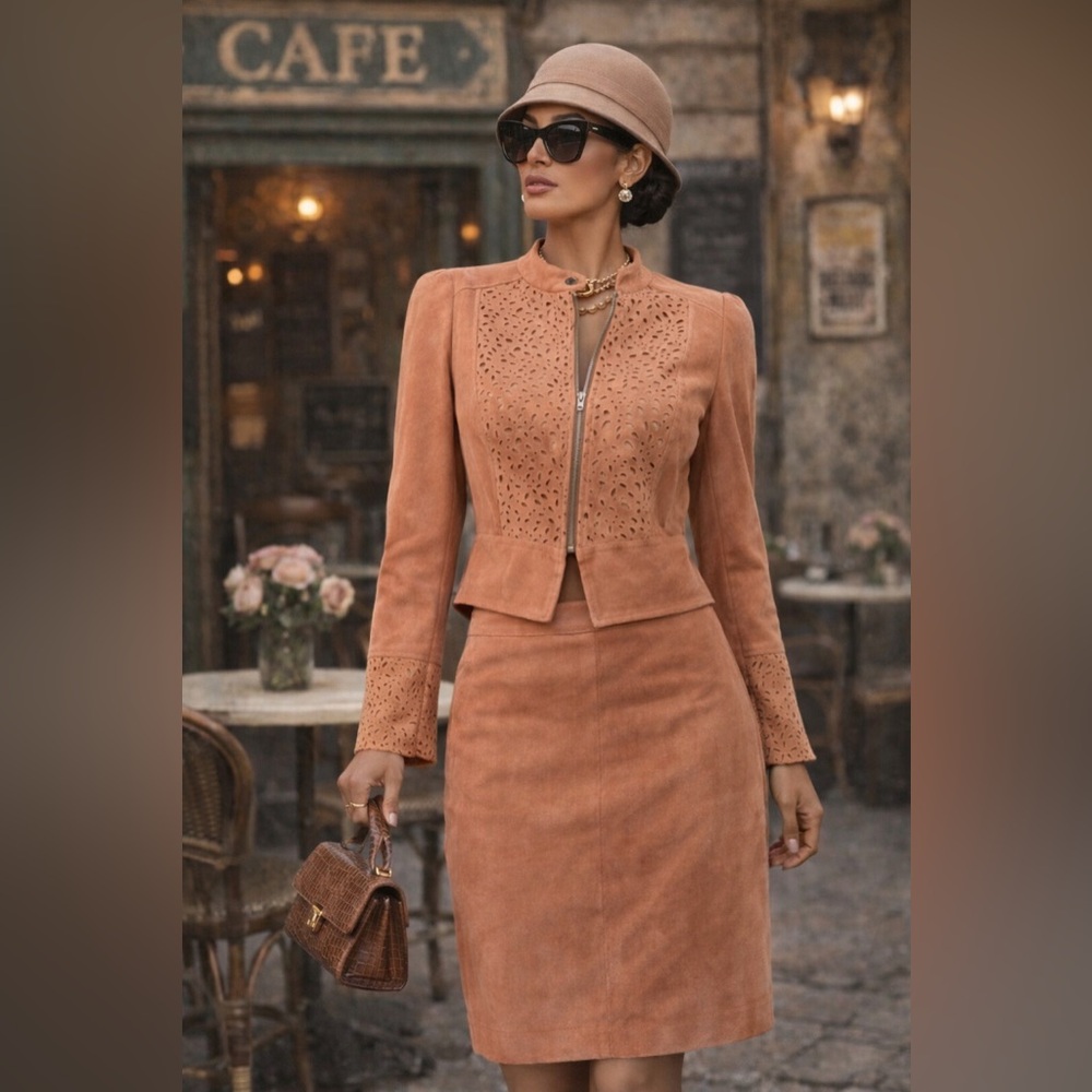 BCBGMAXAZRIA “Apricot Mist” Skyler Moto Jacket & Alexandra Faux Suede Skirt Set